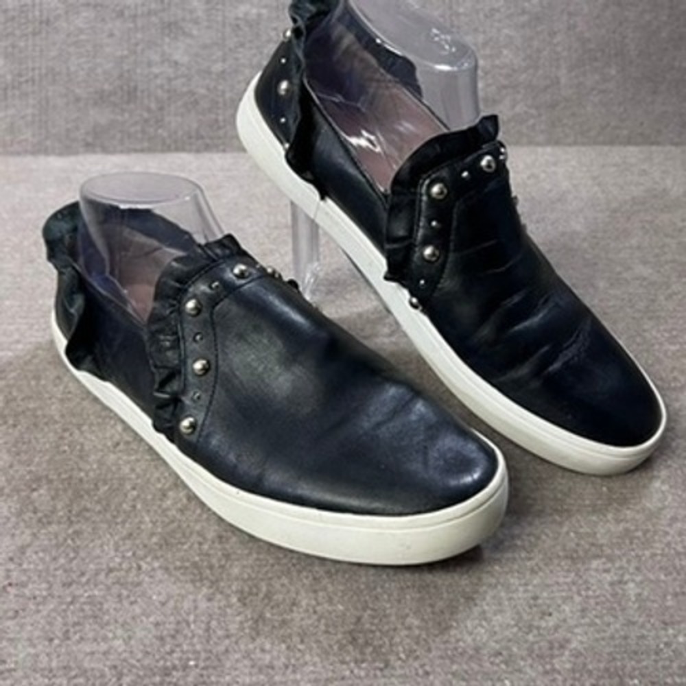 Kate Spade Sz 10 New York Black Leather Studded Ruffle‎ Slip On Sneakers